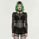 WK-763XDF Punk Pants Edgy Studded Black Mesh Harness Shorts