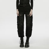 WK-766NCF Edgy Ripped Black Punk Pants with Mesh Patchwork Details