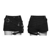 WK-767NDF Gothic Punk Pants Distressed Belted Shorts with Chains