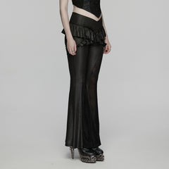 WK-785XCF Gothic Pants Ruffled Mesh Flare High-Waist Vintage Style