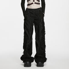WK-820XCF Wide Leg Distressed Black Punk Pants with Fringe Detail