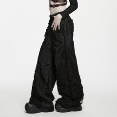WK-820XCF Wide Leg Distressed Black Punk Pants with Fringe Detail