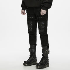 WK-829NCM Gothic Eyelet Strap Punk Pants with Faux Leather Panels