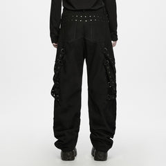 WK-844XCM Gothic Black Punk Pants with Studded Straps and Eyelet Details