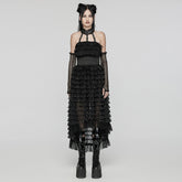 WLQ-107LQF Gothic Lace Ruffled Maxi Dress with Mesh Sleeves?-??Punk Rave Clothing