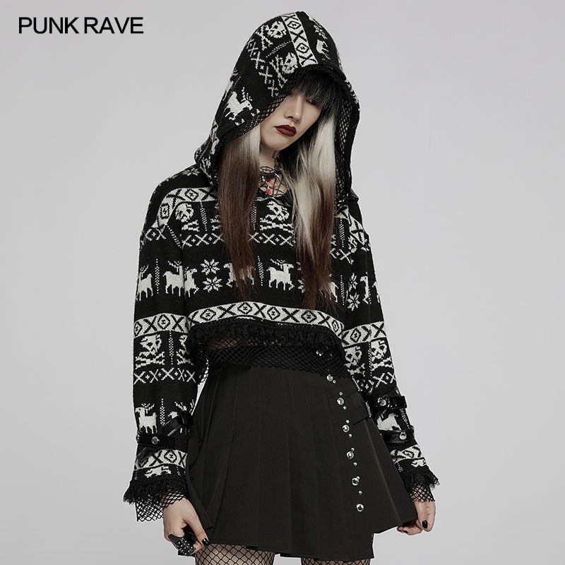 WM-070TMF Cute skull hooded short sweater?-??Punk Rave Clothing