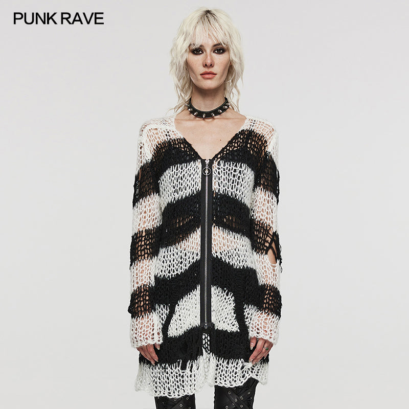 WM-077KMF Punk striped cardigan sweater?-??Punk Rave Clothing