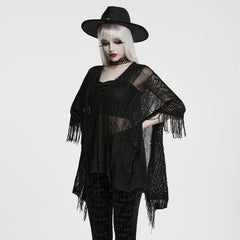 WM-100TMF Womens Gothic Sweater Lace Knit Asymmetric Hem Witchy Poncho