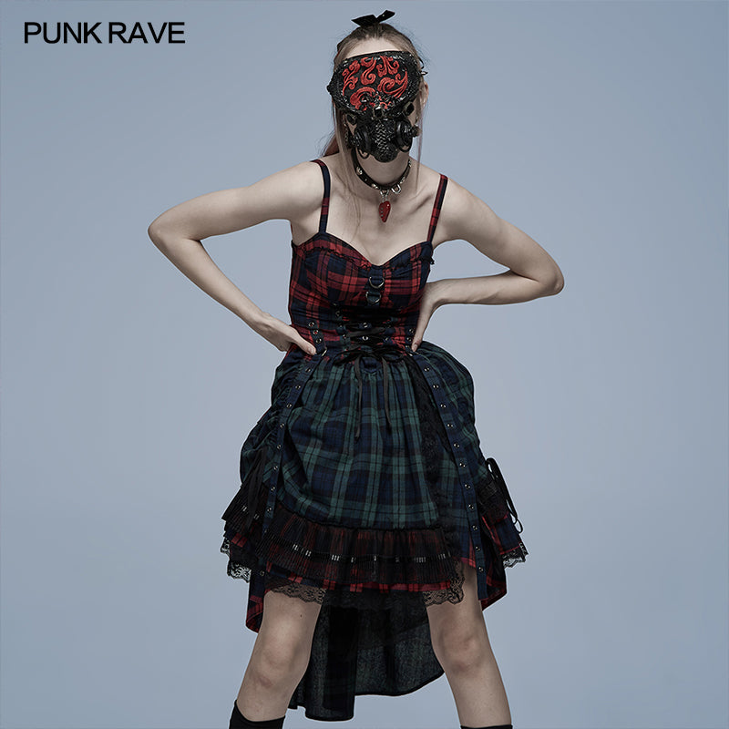 WQ-540LQF Pink Blue Plaid Dress?-??Punk Rave Clothing