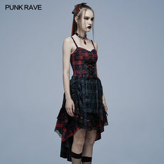 WQ-540LQF Pink Blue Plaid Dress?-??Punk Rave Clothing