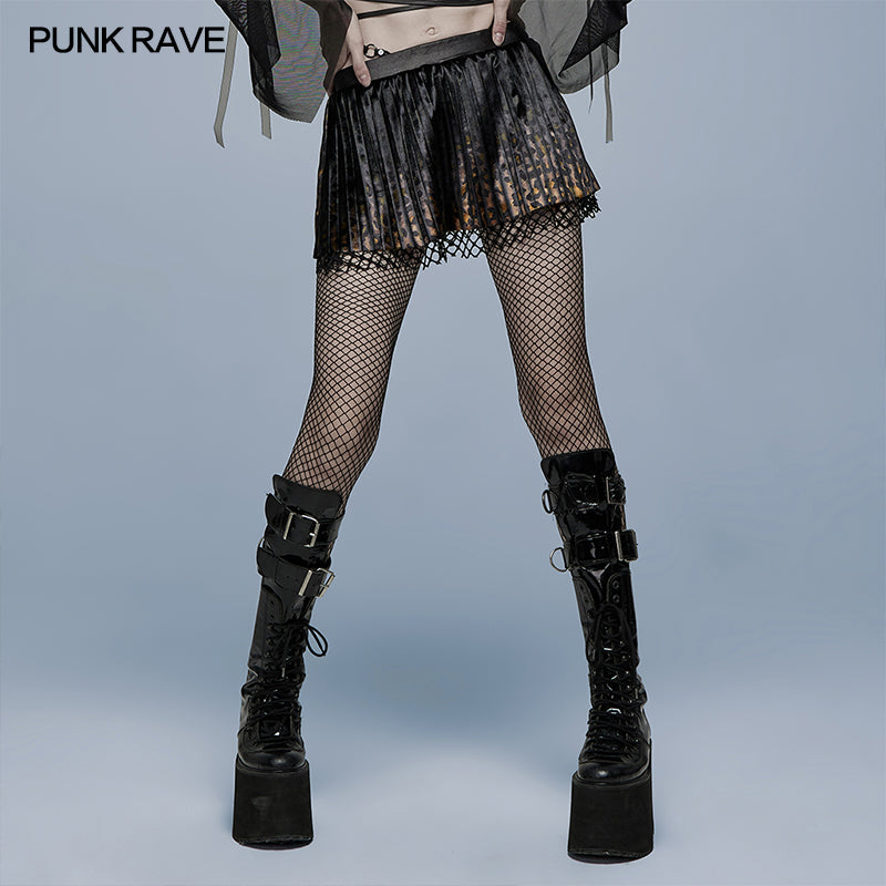 WQ-562BQF Punk low waist leopard pleated skirt?-??Punk Rave Clothing