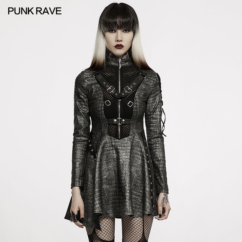 WQ-582LQF Faux Leather sexy long sleeve dress?-??Punk Rave Clothing