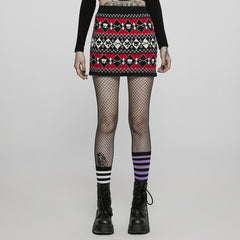 WQ-601BQF Edgy Argyle Punk Skirt with Geometric Black Red Design