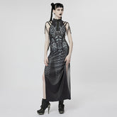 WQ-622LQF Elegant Lace Gothic High-Slit Dress with Chain Details?-??Punk Rave Clothing