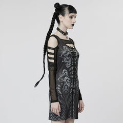 WQ-623LQF Mesh Sleeve Gothic Dress with Intricate Lace Skull Design?-??Punk Rave Clothing