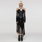 WQ-654LQF Gothic Dress Sheer Mesh Cold Shoulder Asymmetrical Hem Cross Embroidery Gothic Dress Mesh Panel Cold Shoulder Asymmetrical Hem Design Asymmetrical Mesh Sleeve Gothic Dress with Cold Shoulder Corset Style