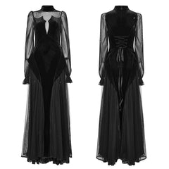 WQ-669LQF Elegant Sheer Sleeve Black Gothic Lace Maxi Dress?-??Punk Rave Clothing