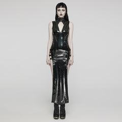 WQ-678LQF Glossy black Gothic Punk Slit Maxi Dress?-??Punk Rave Clothing