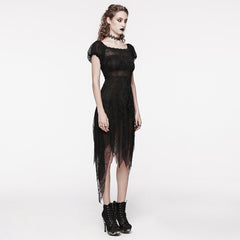 WQ-681LQF Elegant black Lace Asymmetrical Gothic Dress with Sheer Overlay?-??Punk Rave Clothing