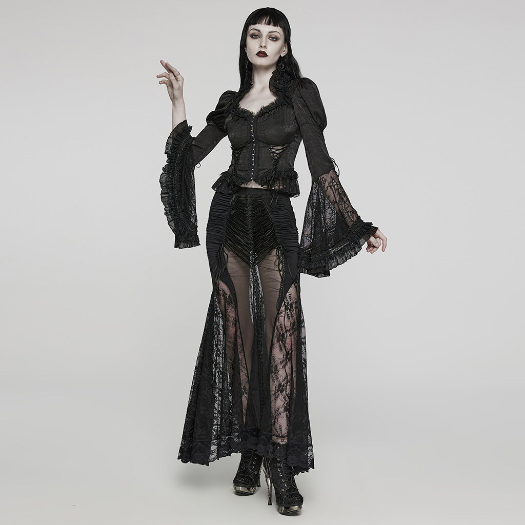 WQ-682BQF Sheer Gothic Lace Maxi Skirt with Ruched Velvet Accents?-??Punk Rave Clothing