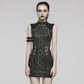 WQ-685LQF Edgy Gothic Sleeveless Dress with Mesh Panels and Rivet Accents?-??Punk Rave Clothing