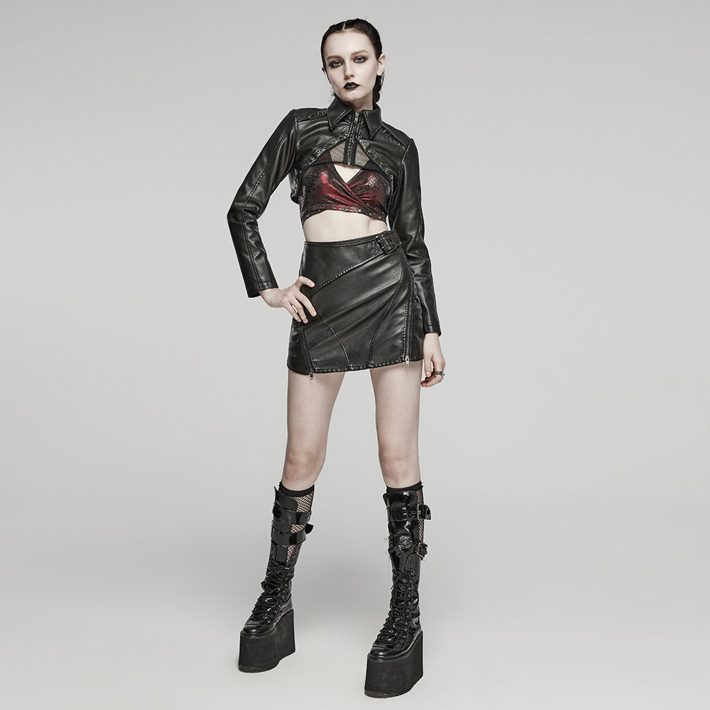 WQ-686BQF Edgy Faux Leather Mini Skirt with Zippered Accents?-??Punk Rave Clothing