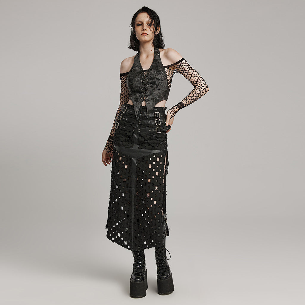 WQ-687BQF Gothic Punk Slit Skirt with Buckle Straps and Cutouts?-??Punk Rave Clothing