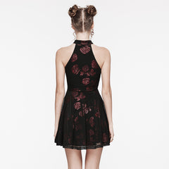 WQ-688LQF Gothic Rose Print Halter Dress Buckle Neckline Mesh Overlay?-??Punk Rave Clothing