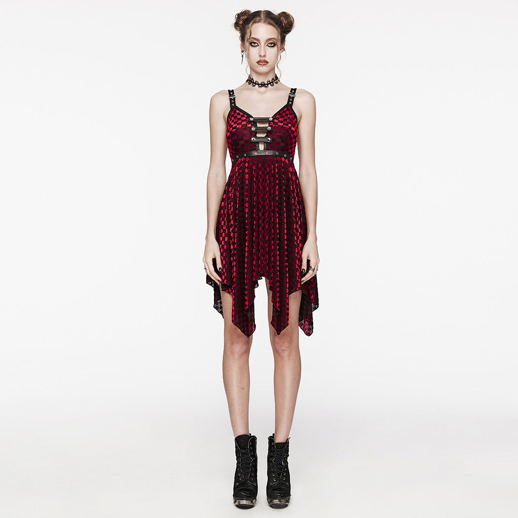 WQ-690LQF Gothic Red Plaid Dress Buckle Details Handkerchief Hem?-??Punk Rave Clothing