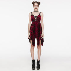 WQ-690LQF Gothic Red Plaid Dress Buckle Details Handkerchief Hem?-??Punk Rave Clothing
