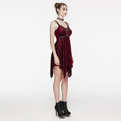 WQ-690LQF Gothic Red Plaid Dress Buckle Details Handkerchief Hem?-??Punk Rave Clothing