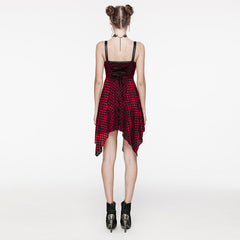 WQ-690LQF Gothic Red Plaid Dress Buckle Details Handkerchief Hem?-??Punk Rave Clothing