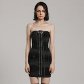 WQ-691LQF Strapless Faux Leather Trim Studded Gothic Punk Dress?-??Punk Rave Clothing