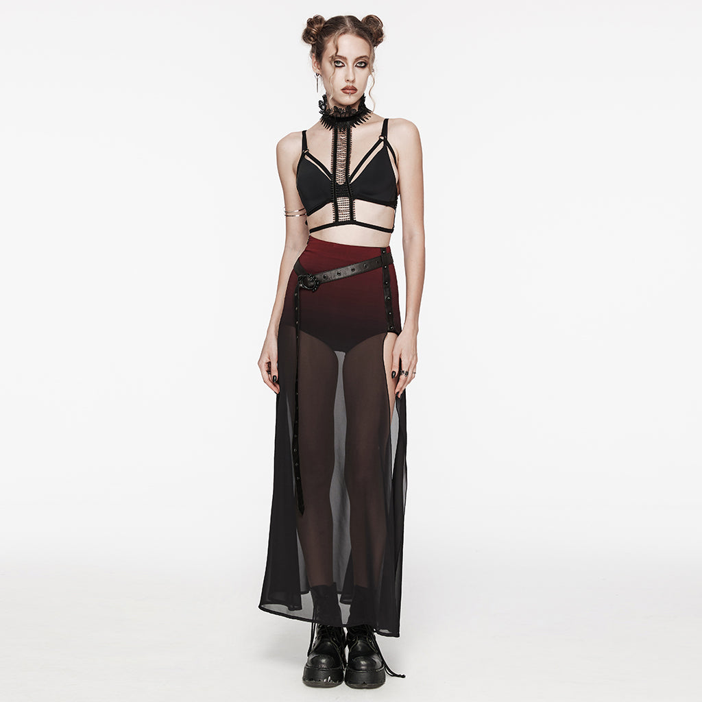 WQ-705BQF Sheer Gothic Skirt with Belted High-Waist Overlay?-??Punk Rave Clothing