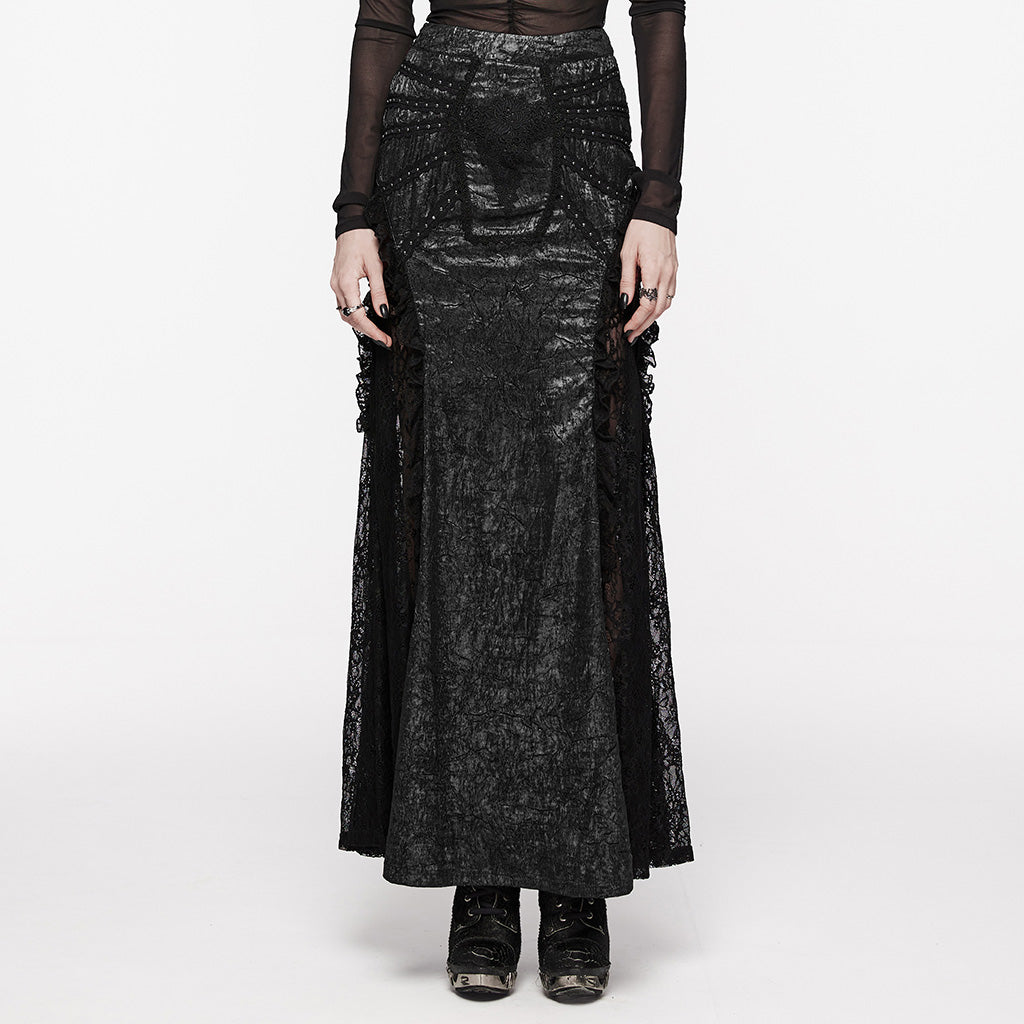 WQ-706BQF Lace Embellished black Maxi Gothic Skirt with Ruffled Sides?-??Punk Rave Clothing