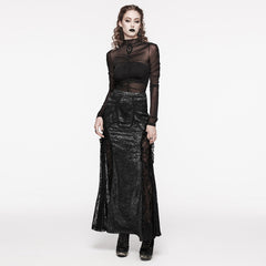 WQ-706BQF Lace Embellished black Maxi Gothic Skirt with Ruffled Sides?-??Punk Rave Clothing