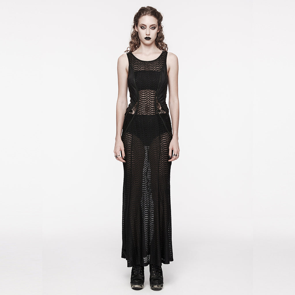 WQ-710LQF Sheer Lace Gothic Maxi Dress With Flared Hem Design?-??Punk Rave Clothing