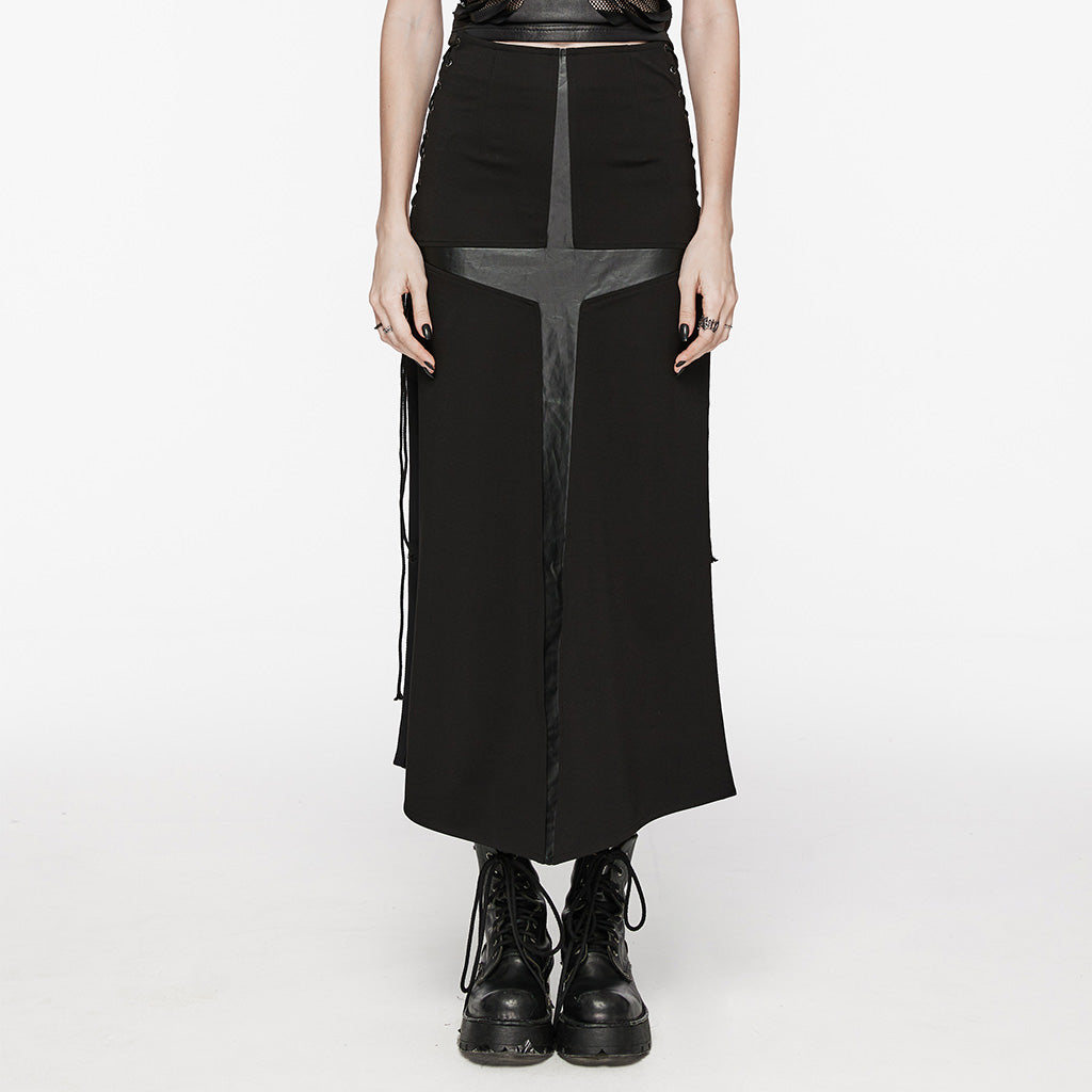 WQ-716BQF Edgy Cross-Detail Long Punk Skirt with Side Drawstrings?-??Punk Rave Clothing