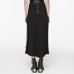 WQ-716BQF Edgy Cross-Detail Long Punk Skirt with Side Drawstrings?-??Punk Rave Clothing
