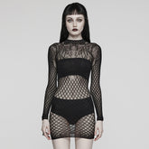 WQ-717LQF Black Mesh Gothic Dress Long Sleeve High Neck Lace Design?-??Punk Rave Clothing