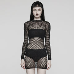 WQ-717LQF Black Mesh Gothic Dress Long Sleeve High Neck Lace Design?-??Punk Rave Clothing