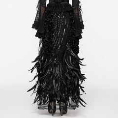 WQ-720BQF Elegant Feathered Gothic Dress with Lace Bell Sleeves?-??Punk Rave Clothing