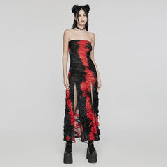 WQ-726LQF Gothic Strapless Long Dress Ruched black-red Mesh Design?-??Punk Rave Clothing