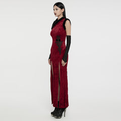 WQ-756LQF Velvet Gothic Dress with Lace Details and High Slit?-??Punk Rave Clothing