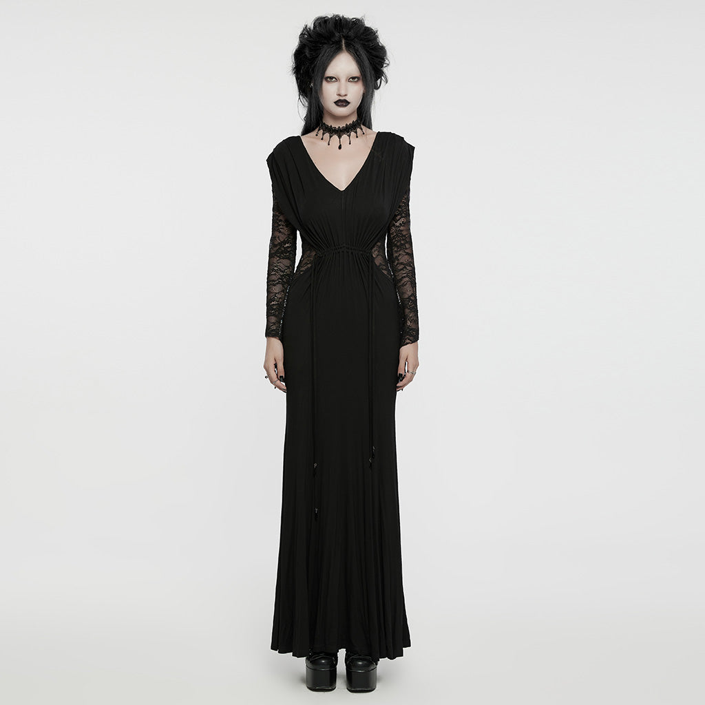 WQ-759LQF Gothic Low Neck Lace Sleeve Elegant Maxi Dress?-??Punk Rave Clothing