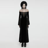 WQ-761LQF Velvet Lace Trim Gothic Off-Shoulder Long Black Dress?-??Punk Rave Clothing