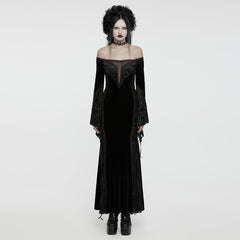 WQ-761LQF Velvet Lace Trim Gothic Off-Shoulder Long Black Dress?-??Punk Rave Clothing