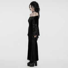WQ-761LQF Velvet Lace Trim Gothic Off-Shoulder Long Black Dress?-??Punk Rave Clothing