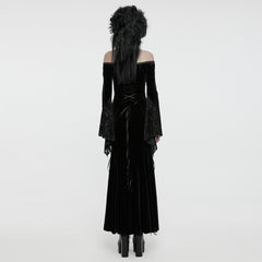 WQ-761LQF Velvet Lace Trim Gothic Off-Shoulder Long Black Dress?-??Punk Rave Clothing