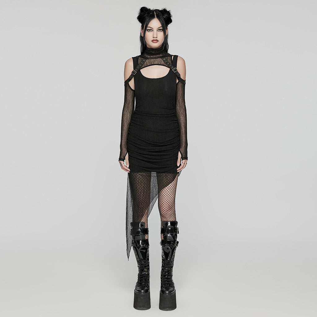 WQ-768LQF Edgy Two-Piece Hooded Mesh Black Punk Dress?-??Punk Rave Clothing